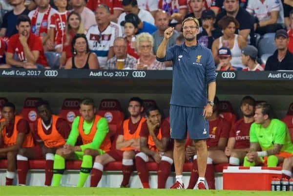 MUNICH, GERMANY - Wednesday, August 2, 2017: Liverpools manager Jürgen Klopp during the Audi Cup 2017 final match between Liverpool FC and Atlético de Madrid's at the Allianz Arena. (Pic by David Rawcliffe/Propaganda)