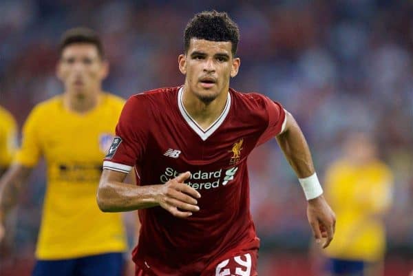 MUNICH, GERMANY - Wednesday, August 2, 2017: Liverpool's Dominic Solanke during the Audi Cup 2017 final match between Liverpool FC and Atlético de Madrid's at the Allianz Arena. (Pic by David Rawcliffe/Propaganda)