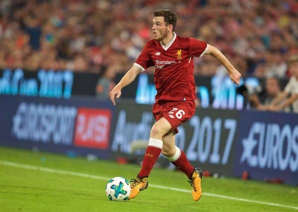 MUNICH, GERMANY - Wednesday, August 2, 2017: Liverpools Andy Robertson during the Audi Cup 2017 final match between Liverpool FC and Atlético de Madrid's at the Allianz Arena. (Pic by David Rawcliffe/Propaganda)