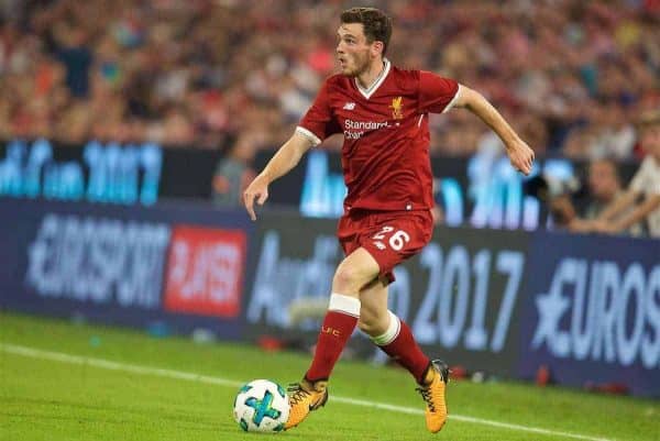 MUNICH, GERMANY - Wednesday, August 2, 2017: Liverpools Andy Robertson during the Audi Cup 2017 final match between Liverpool FC and Atlético de Madrid's at the Allianz Arena. (Pic by David Rawcliffe/Propaganda)
