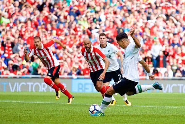 DUBLIN, REPUBLIC OF IRELAND - Saturday, August 5, 2017: Liverpool's Roberto Firmino scores the first goal from a penalty kick during a preseason friendly match between Athletic Club Bilbao and Liverpool at the Aviva Stadium. (Pic by David Rawcliffe/Propaganda)