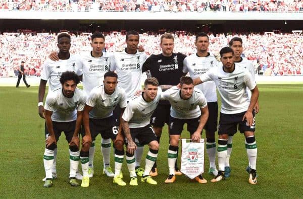 DUBLIN, REPUBLIC OF IRELAND - Saturday, August 5, 2017: Liverpool players line-up for a team group photograph before a preseason friendly match between Athletic Club Bilbao and Liverpool at the Aviva Stadium. Back row L-R: Divock Origi, Marko Grujic, Georginio Wijnaldum, goalkeeper Simon Mignolet, Dejan Lovren, Roberto Firmino. Front row L-R: Mohamed Salah, Trent Alexander-Arnold, Alberto Moreno, James Milner, Emre Can. (Pic by David Rawcliffe/Propaganda)