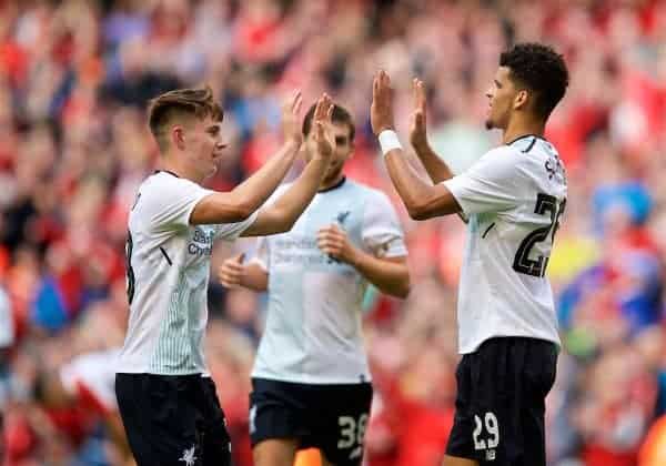 DUBLIN, REPUBLIC OF IRELAND - Saturday, August 5, 2017: Liverpool's Dominic Solanke celebrates scoring the third goal with team-mate Ben Woodburn during a preseason friendly match between Athletic Club Bilbao and Liverpool at the Aviva Stadium. (Pic by David Rawcliffe/Propaganda)