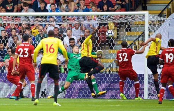 WATFORD, ENGLAND - Saturday, August 12, 2017: Watford's Stefano Okaka scores the first goal during the FA Premier League match between Watford and Liverpool at Vicarage Road. (Pic by David Rawcliffe/Propaganda)