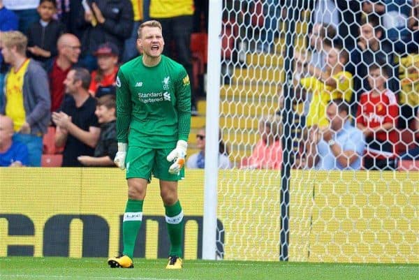 WATFORD, ENGLAND - Saturday, August 12, 2017: Liverpool's goalkeeper Simon Mignolet looks dejected as Watford score the opening goal during the FA Premier League match between Watford and Liverpool at Vicarage Road. (Pic by David Rawcliffe/Propaganda)