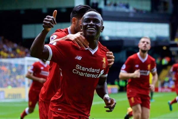 WATFORD, ENGLAND - Saturday, August 12, 2017: Liverpool's Sadio Mane celebrates scoring the first equalising goal during the FA Premier League match between Watford and Liverpool at Vicarage Road. (Pic by David Rawcliffe/Propaganda)