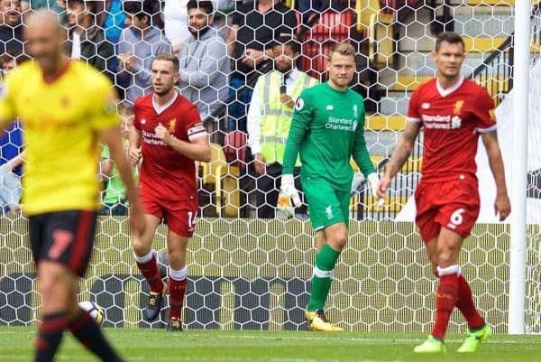 WATFORD, ENGLAND - Saturday, August 12, 2017: Liverpool's captain Jordan Henderson and goalkeeper Simon Mignolet look dejected as a score a second goal during the FA Premier League match between Watford and Liverpool at Vicarage Road. (Pic by David Rawcliffe/Propaganda)