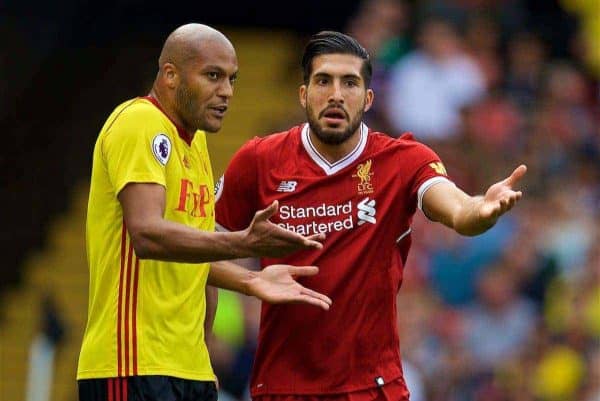 WATFORD, ENGLAND - Saturday, August 12, 2017: Liverpool's Emre Can argues with Watford's Younes Kaboul during the FA Premier League match between Watford and Liverpool at Vicarage Road. (Pic by David Rawcliffe/Propaganda)