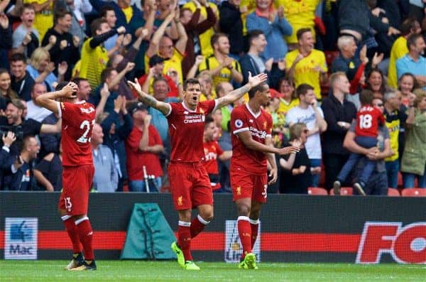 WATFORD, ENGLAND - Saturday, August 12, 2017: Liverpool's Dejan Lovren appeals after Watford score an injury time equalising goal to level the score 3-3 during the FA Premier League match between Watford and Liverpool at Vicarage Road. (Pic by David Rawcliffe/Propaganda)