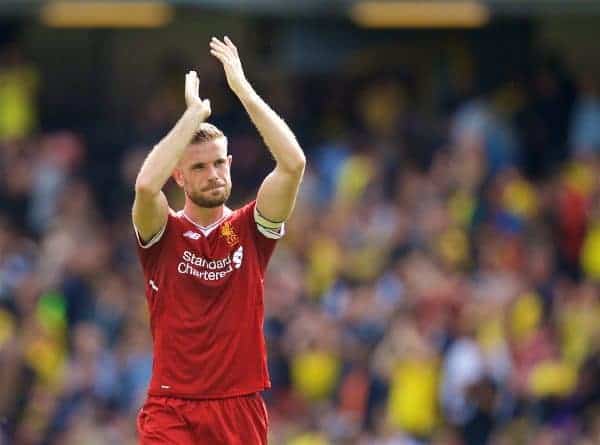 WATFORD, ENGLAND - Saturday, August 12, 2017: Liverpool's captain Jordan Henderson applauds the travelling supporters after the 3-3 draw during the FA Premier League match between Watford and Liverpool at Vicarage Road. (Pic by David Rawcliffe/Propaganda)