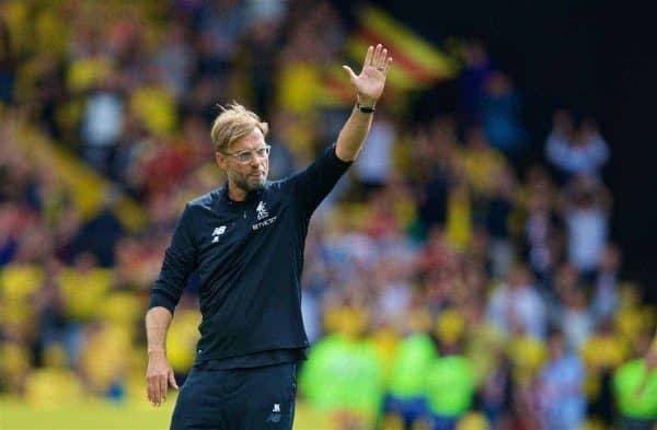 WATFORD, ENGLAND - Saturday, August 12, 2017: Liverpool's manager Jürgen Klopp applauds the travelling supporters after the 3-3 draw during the FA Premier League match between Watford and Liverpool at Vicarage Road. (Pic by David Rawcliffe/Propaganda)