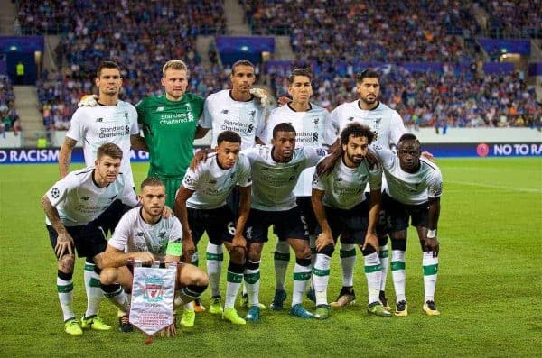 SINSHEIM, GERMANY - Tuesday, August 15, 2017: Liverpool's players line-up for a team group photograph before the UEFA Champions League Play-Off 1st Leg match between TSG 1899 Hoffenheim and Liverpool at the Rhein-Neckar-Arena. Back row L-R: Dejan Lovren, goalkeeper Simon Mignolet, Joel Matip, 9, Emre Can. Front row L-R: Alberto Moreno, captain Jordan Henderson, Trent Alexander-Arnold, Georginio Wijnaldum, Mohamed Salah, Sadio Mane. (Pic by David Rawcliffe/Propaganda)