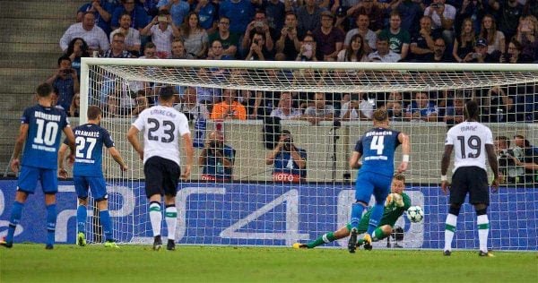 SINSHEIM, GERMANY - Tuesday, August 15, 2017: Liverpool's goalkeeper Simon Mignolet saves a penalty from TSG 1899 Hoffenheim's Andrej Kramari? during the UEFA Champions League Play-Off 1st Leg match between TSG 1899 Hoffenheim and Liverpool at the Rhein-Neckar-Arena. (Pic by David Rawcliffe/Propaganda)