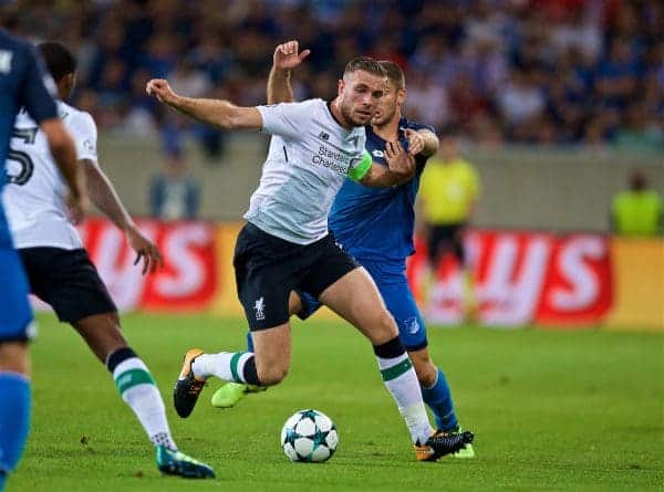 SINSHEIM, GERMANY - Tuesday, August 15, 2017: Liverpool's captain Jordan Henderson during the UEFA Champions League Play-Off 1st Leg match between TSG 1899 Hoffenheim and Liverpool at the Rhein-Neckar-Arena. (Pic by David Rawcliffe/Propaganda)