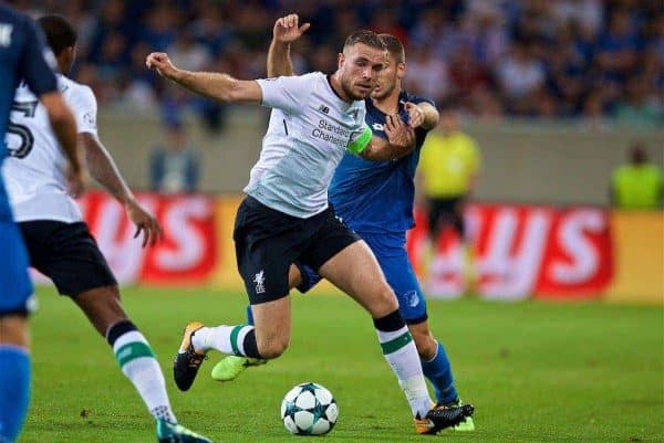 SINSHEIM, GERMANY - Tuesday, August 15, 2017: Liverpool's captain Jordan Henderson during the UEFA Champions League Play-Off 1st Leg match between TSG 1899 Hoffenheim and Liverpool at the Rhein-Neckar-Arena. (Pic by David Rawcliffe/Propaganda)