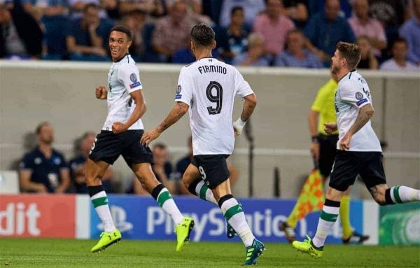 SINSHEIM, GERMANY - Tuesday, August 15, 2017: Liverpool's Trent Alexander-Arnold scores the first goal during the UEFA Champions League Play-Off 1st Leg match between TSG 1899 Hoffenheim and Liverpool at the Rhein-Neckar-Arena. (Pic by David Rawcliffe/Propaganda)