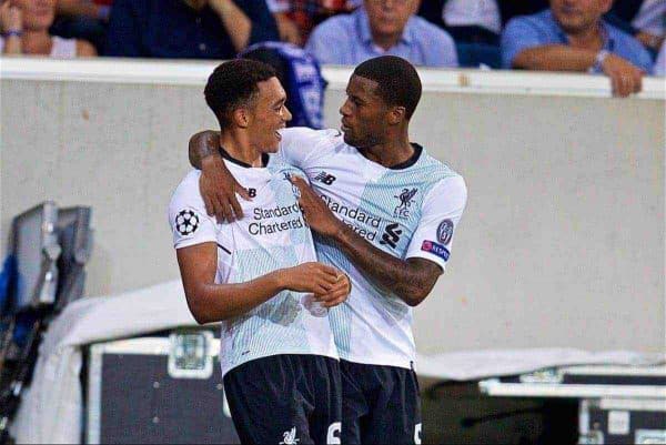 SINSHEIM, GERMANY - Tuesday, August 15, 2017: Liverpool's Trent Alexander-Arnold scores the first goal with team-mate Georginio Wijnaldum during the UEFA Champions League Play-Off 1st Leg match between TSG 1899 Hoffenheim and Liverpool at the Rhein-Neckar-Arena. (Pic by David Rawcliffe/Propaganda)