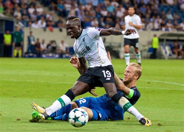 SINSHEIM, GERMANY - Tuesday, August 15, 2017: Liverpool's Sadio Mane and TSG 1899 Hoffenheim's Kevin Vogt during the UEFA Champions League Play-Off 1st Leg match between TSG 1899 Hoffenheim and Liverpool at the Rhein-Neckar-Arena. (Pic by David Rawcliffe/Propaganda)