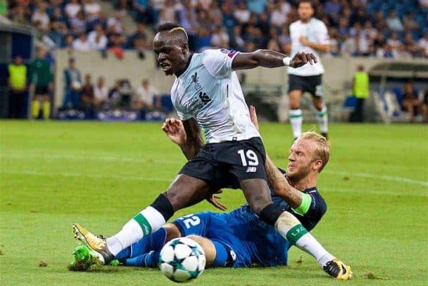 SINSHEIM, GERMANY - Tuesday, August 15, 2017: Liverpool's Sadio Mane and TSG 1899 Hoffenheim's Kevin Vogt during the UEFA Champions League Play-Off 1st Leg match between TSG 1899 Hoffenheim and Liverpool at the Rhein-Neckar-Arena. (Pic by David Rawcliffe/Propaganda)