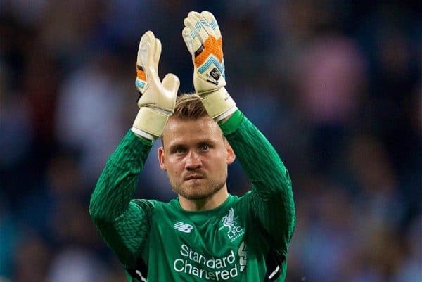 SINSHEIM, GERMANY - Tuesday, August 15, 2017: Liverpool's goalkeeper Simon Mignolet applauds the travelling supporters after beating TSG 1899 Hoffenheim 2-1 during the UEFA Champions League Play-Off 1st Leg match between TSG 1899 Hoffenheim and Liverpool at the Rhein-Neckar-Arena. (Pic by David Rawcliffe/Propaganda)