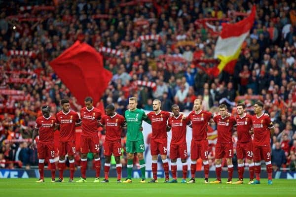 LIVERPOOL, ENGLAND - Saturday, August 19, 2017: Liverpool players stand in silence to remember the victims of the Barcelona car crash before the FA Premier League match between Liverpool and Crystal Palace at Anfield. (Pic by David Rawcliffe/Propaganda)