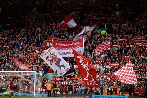 LIVERPOOL, ENGLAND - Saturday, August 19, 2017: Liverpool supporters on the Spion Kop with a banner remembering the 96th Hillsborough victim Tony Bland during the FA Premier League match between Liverpool and Crystal Palace at Anfield. (Pic by David Rawcliffe/Propaganda)