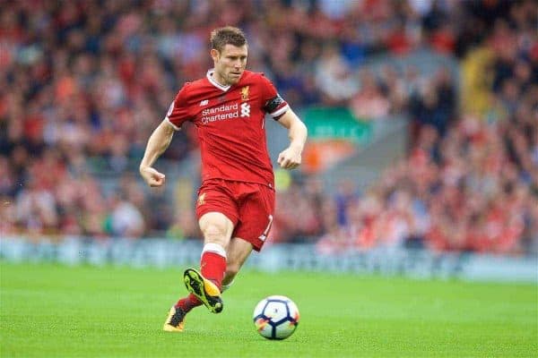 LIVERPOOL, ENGLAND - Saturday, August 19, 2017: Liverpool's James Milner during the FA Premier League match between Liverpool and Crystal Palace at Anfield. (Pic by David Rawcliffe/Propaganda)