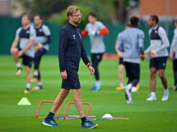 LIVERPOOL, ENGLAND - Tuesday, August 22, 2017: Liverpool's manager Jürgen Klopp during a training session at Melwood Training Ground ahead of the UEFA Champions League Play-Off 2nd Leg match against TSG 1899 Hoffenheim. (Pic by David Rawcliffe/Propaganda)