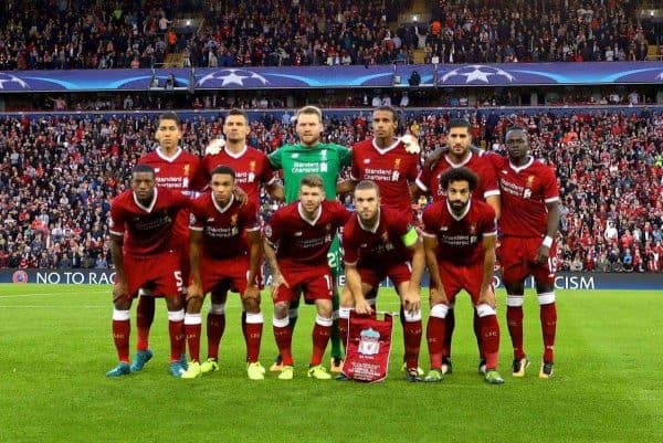 LIVERPOOL, ENGLAND - Wednesday, August 23, 2017: Liverpool's players line-up for a team group photograph before the UEFA Champions League Play-Off 2nd Leg match between Liverpool and TSG 1899 Hoffenheim at Anfield. Back row L-R: Roberto Firmino, Dejan Lovren, goalkeeper Simon Mignolet, Joel Matip, Emre Can, Sadio Mane. Front row L-R: Georginio Wijnaldum, Trent Alexander-Arnold, Alberto Moreno, captain Jordan Henderson, Mohamed Salah. (Pic by David Rawcliffe/Propaganda)