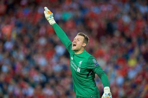 LIVERPOOL, ENGLAND - Wednesday, August 23, 2017: Liverpool's goalkeeper Simon Mignolet during the UEFA Champions League Play-Off 2nd Leg match between Liverpool and TSG 1899 Hoffenheim at Anfield. (Pic by David Rawcliffe/Propaganda)