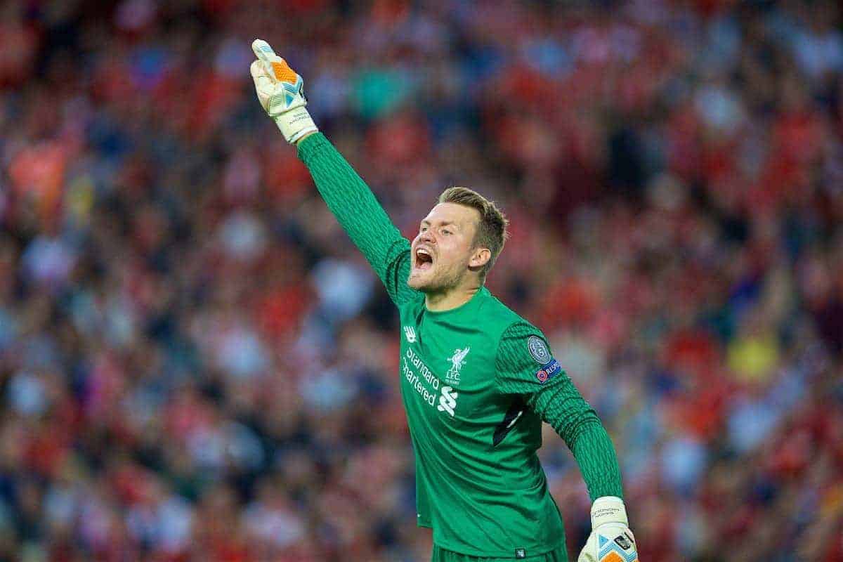 LIVERPOOL, ENGLAND - Wednesday, August 23, 2017: Liverpool's goalkeeper Simon Mignolet during the UEFA Champions League Play-Off 2nd Leg match between Liverpool and TSG 1899 Hoffenheim at Anfield. (Pic by David Rawcliffe/Propaganda)