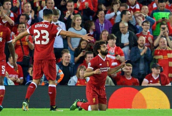 LIVERPOOL, ENGLAND - Wednesday, August 23, 2017: Liverpool's Mohamed Salah prays as he celebrates scoring the second goal during the UEFA Champions League Play-Off 2nd Leg match between Liverpool and TSG 1899 Hoffenheim at Anfield. (Pic by David Rawcliffe/Propaganda)