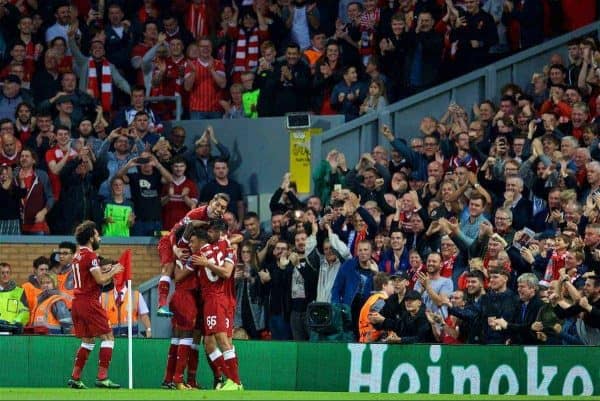 LIVERPOOL, ENGLAND - Wednesday, August 23, 2017: Liverpool's Emre Can celebrates scoring the third goal during the UEFA Champions League Play-Off 2nd Leg match between Liverpool and TSG 1899 Hoffenheim at Anfield. (Pic by David Rawcliffe/Propaganda)