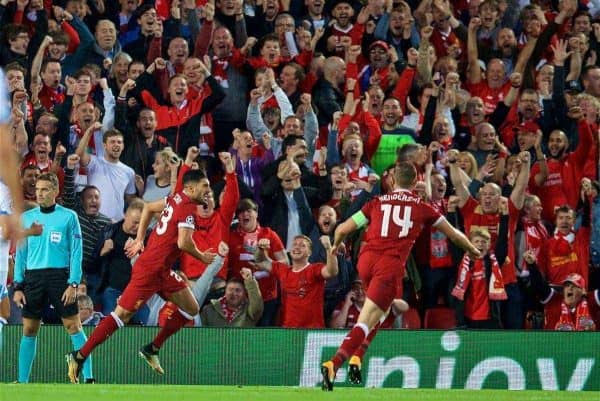 LIVERPOOL, ENGLAND - Wednesday, August 23, 2017: Liverpool's Emre Can celebrates scoring the third goal during the UEFA Champions League Play-Off 2nd Leg match between Liverpool and TSG 1899 Hoffenheim at Anfield. (Pic by David Rawcliffe/Propaganda)