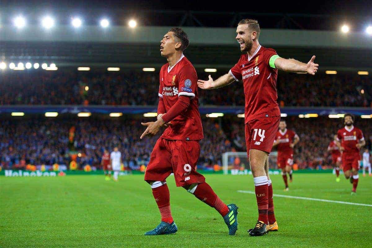 LIVERPOOL, ENGLAND - Wednesday, August 23, 2017: Liverpool's Roberto Firmino celebrates scoring the fourth goal during the UEFA Champions League Play-Off 2nd Leg match between Liverpool and TSG 1899 Hoffenheim at Anfield. (Pic by David Rawcliffe/Propaganda)