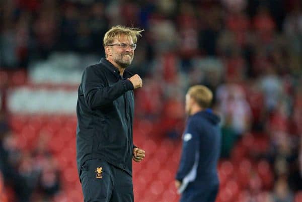 LIVERPOOL, ENGLAND - Wednesday, August 23, 2017: Liverpool's manager Jürgen Klopp celebrates his side's 4-2 victory (6-3 on aggregate) during the UEFA Champions League Play-Off 2nd Leg match between Liverpool and TSG 1899 Hoffenheim at Anfield. (Pic by David Rawcliffe/Propaganda)