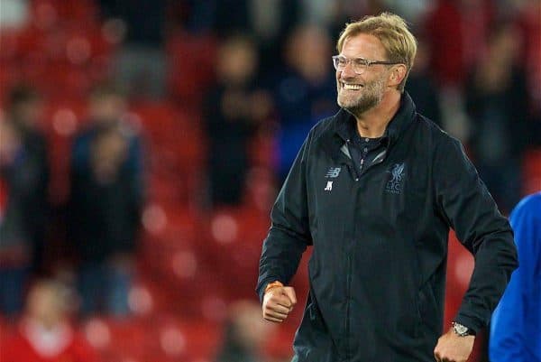 LIVERPOOL, ENGLAND - Wednesday, August 23, 2017: Liverpool's manager Jürgen Klopp celebrates his side's 4-2 victory (6-3 on aggregate) during the UEFA Champions League Play-Off 2nd Leg match between Liverpool and TSG 1899 Hoffenheim at Anfield. (Pic by David Rawcliffe/Propaganda)