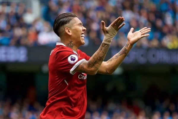 MANCHESTER, ENGLAND - Saturday, September 9, 2017: Liverpool's Roberto Firmino looks dejected after missing a chance during the FA Premier League match between Manchester City and Liverpool at the City of Manchester Stadium. (Pic by David Rawcliffe/Propaganda)