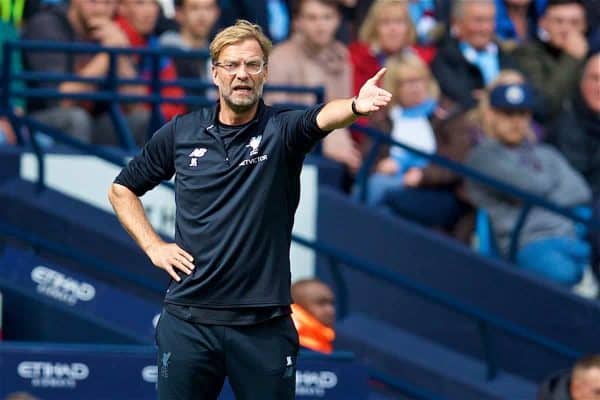 MANCHESTER, ENGLAND - Saturday, September 9, 2017: Liverpool's manager Jürgen Klopp reacts during the FA Premier League match between Manchester City and Liverpool at the City of Manchester Stadium. (Pic by David Rawcliffe/Propaganda)