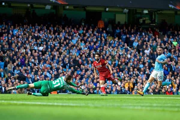 MANCHESTER, ENGLAND - Saturday, September 9, 2017: Liverpool's Mohamed Salah sees his shot saved by Manchester City's goalkeeper Ederson Moraes during the FA Premier League match between Manchester City and Liverpool at the City of Manchester Stadium. (Pic by David Rawcliffe/Propaganda)