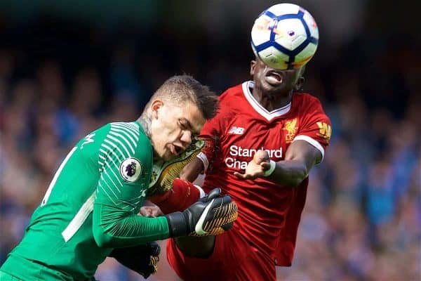 MANCHESTER, ENGLAND - Saturday, September 9, 2017: Liverpool's Sadio Mane challenges Manchester City's goalkeeper Ederson Moraes, and is shown a red card and sent off, during the FA Premier League match between Manchester City and Liverpool at the City of Manchester Stadium. (Pic by David Rawcliffe/Propaganda)