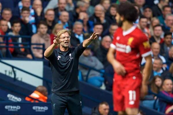 MANCHESTER, ENGLAND - Saturday, September 9, 2017: Liverpool's manager Jürgen Klopp reacts during the FA Premier League match between Manchester City and Liverpool at the City of Manchester Stadium. (Pic by David Rawcliffe/Propaganda)