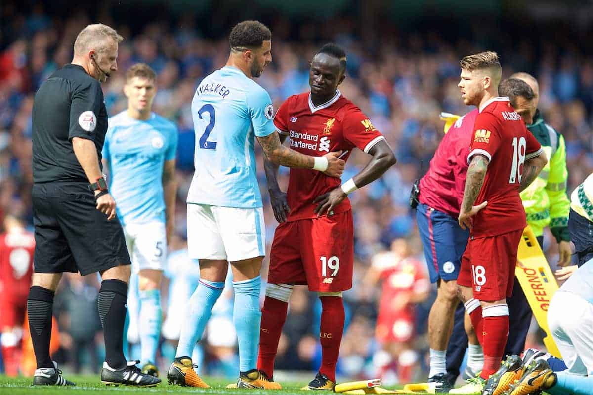 MANCHESTER, ENGLAND - Saturday, September 9, 2017: Liverpool's Sadio Mane looks dejected after being sent off during the FA Premier League match between Manchester City and Liverpool at the City of Manchester Stadium. (Pic by David Rawcliffe/Propaganda)