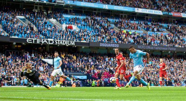 MANCHESTER, ENGLAND - Saturday, September 9, 2017: Manchester City's Gabriel Jesus scores the third goal during the FA Premier League match between Manchester City and Liverpool at the City of Manchester Stadium. (Pic by David Rawcliffe/Propaganda)