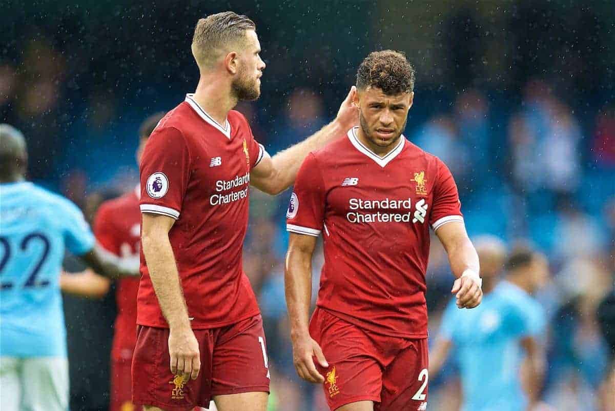 MANCHESTER, ENGLAND - Saturday, September 9, 2017: Liverpool's captain Jordan Henderson and Alex Oxlade-Chamberlain look dejected after their side's 4-0 defeat during the FA Premier League match between Manchester City and Liverpool at the City of Manchester Stadium. (Pic by David Rawcliffe/Propaganda)