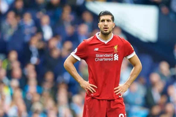MANCHESTER, ENGLAND - Saturday, September 9, 2017: Liverpool's Emre Can looks dejected as his side lose 5-0 during the FA Premier League match between Manchester City and Liverpool at the City of Manchester Stadium. (Pic by David Rawcliffe/Propaganda)