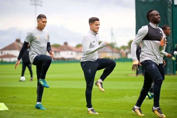 LIVERPOOL, ENGLAND - Tuesday, September 12, 2017: Liverpool's Roberto Firmino, Philippe Coutinho Correia and Sadio Mane during a training session at Melwood Training Ground ahead of the UEFA Champions League Group E match against Sevilla FC. (Pic by David Rawcliffe/Propaganda)