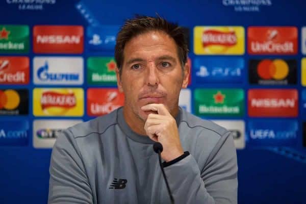 LIVERPOOL, ENGLAND - Tuesday, September 12, 2017: Sevilla's head coach Eduardo Berizzo during a press conference at Anfield ahead of the UEFA Champions League Group E match against Liverpool. (Pic by David Rawcliffe/Propaganda)
