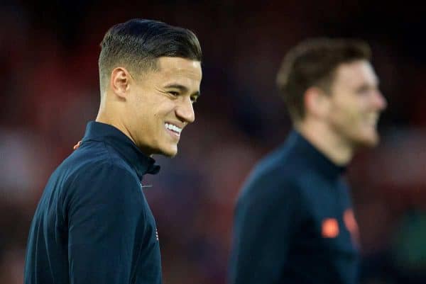 LIVERPOOL, ENGLAND - Wednesday, September 13, 2017: Liverpool's Philippe Coutinho Correia warms-up before the UEFA Champions League Group E match between Liverpool and Sevilla at Anfield. (Pic by David Rawcliffe/Propaganda)