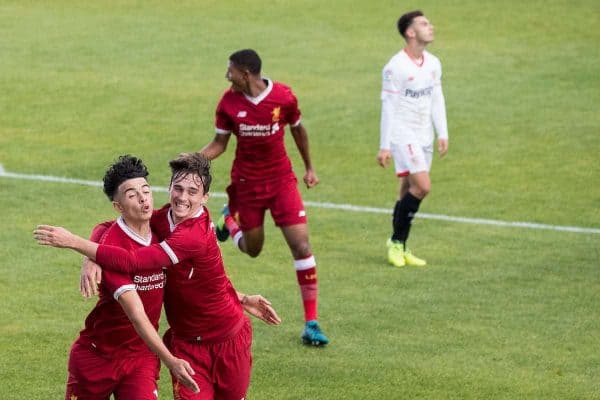 BIRKENHEAD, ENGLAND - Wednesday, September 13, 2017: Liverpool's Curtis Jones celebrates scoring his sides first goal with Liam Millar during the UEFA Youth League Group E match between Liverpool and Sevilla at Prenton Park. (Pic by Paul Greenwood/Propaganda)